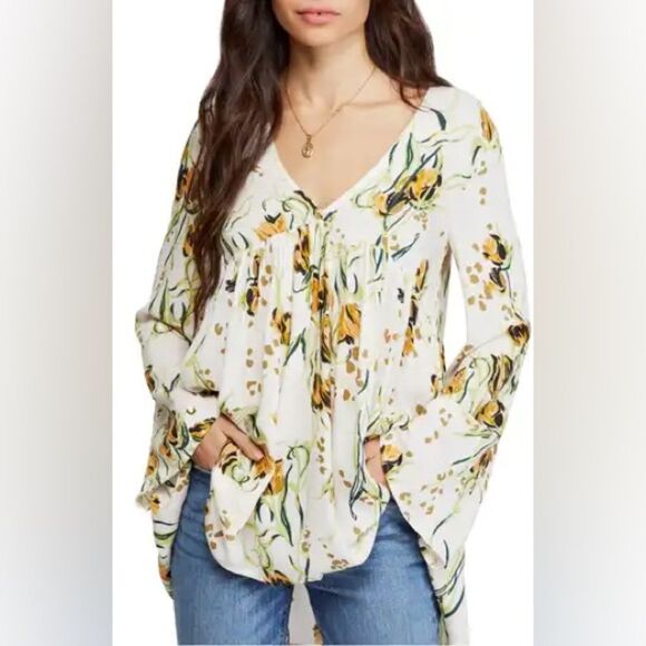 FREE PEOPLE BELLA PRINT TUNIC CREAM WITH FLOWERS SIZE SMALL - Picture 1 of 5